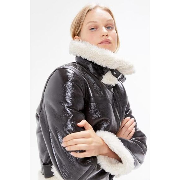 Urban Outfitters Brown Faux Leather Shearling Aviator Jacket Small - Picture 2 of 11
